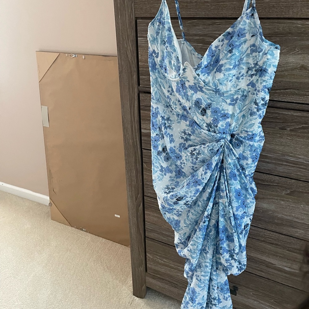 Floral Blue and White Draped Dress